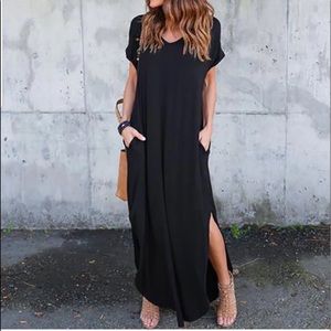Black V-neck Maxi Dress Pockets Loose Fitting